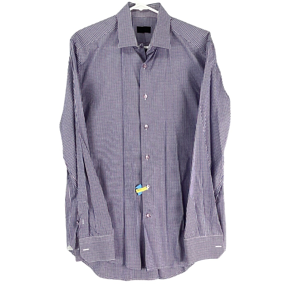 Lanvin Button Front Shirt Mens 16 41 Blue Red Gingham Check Long Sleeve Cotton